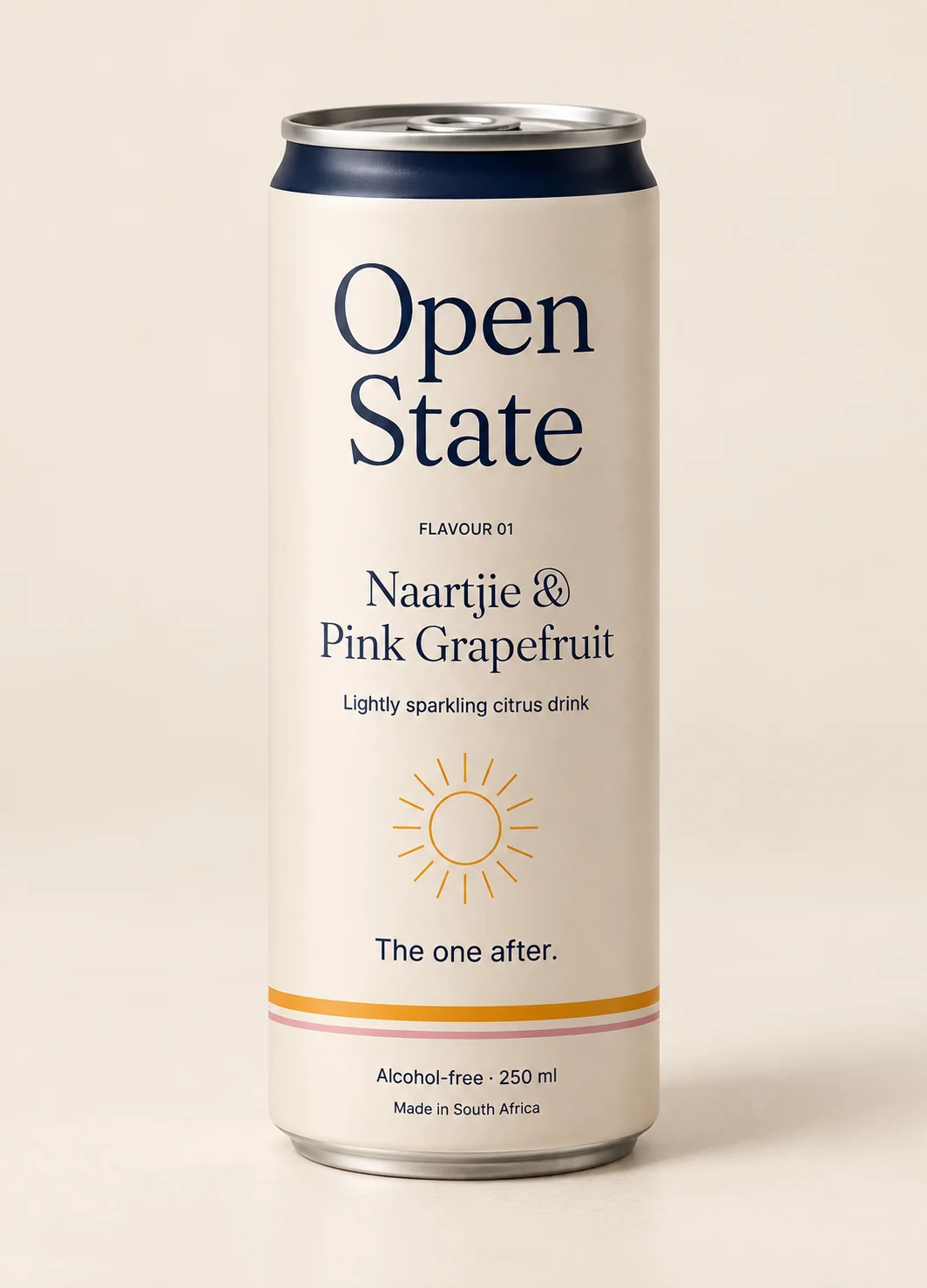 Packaging concept: cream Open State Naartjie & Pink Grapefruit can with navy lettering and a gold sun
